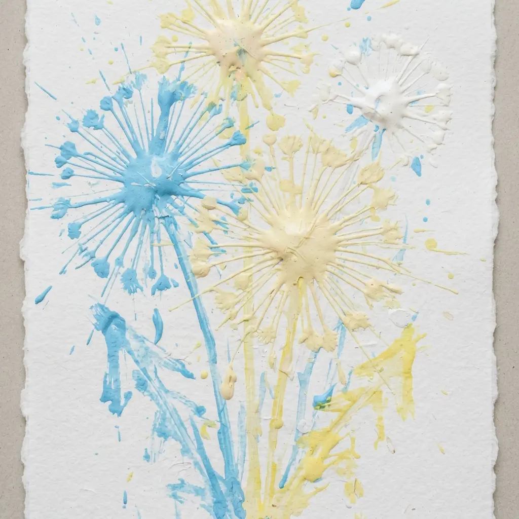 A fun flower painting where blown paint forms a dandelion's fluffy seed head.