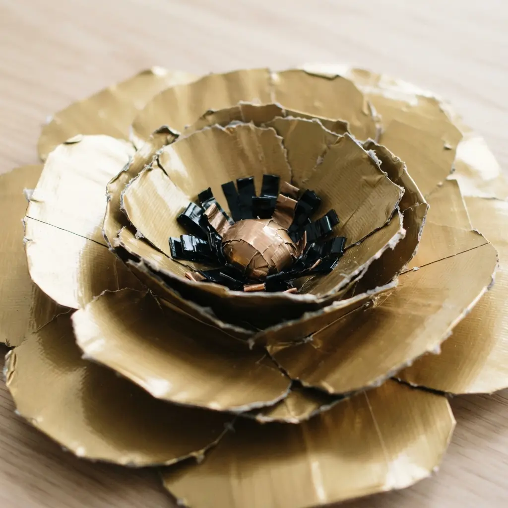 A wall-mounted organizer shaped like a large poppy flower, crafted from shiny metallic gold duct tape.