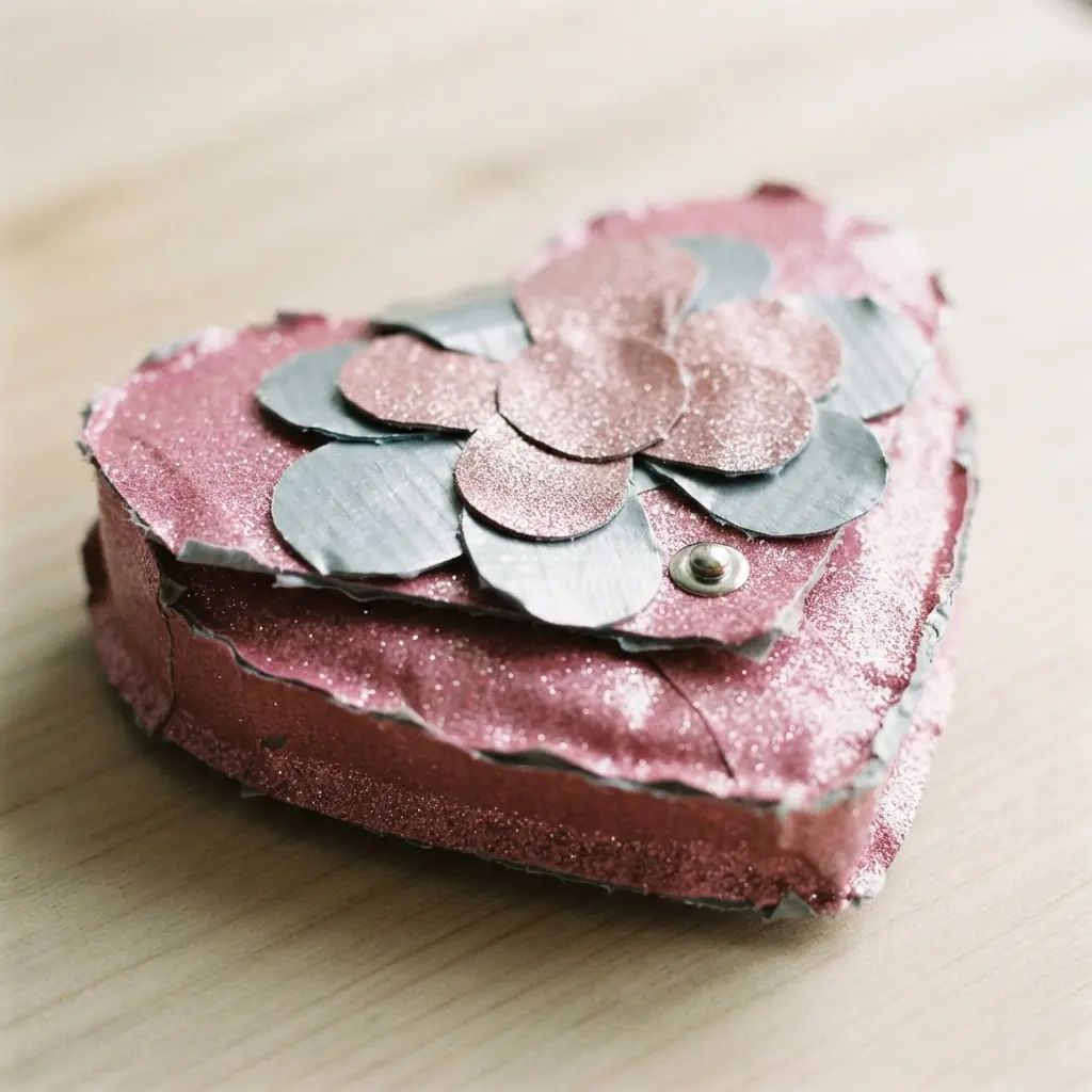 A small, sparkly duct tape pouch in the shape of a heart, decorated with glitter tape flower petals.