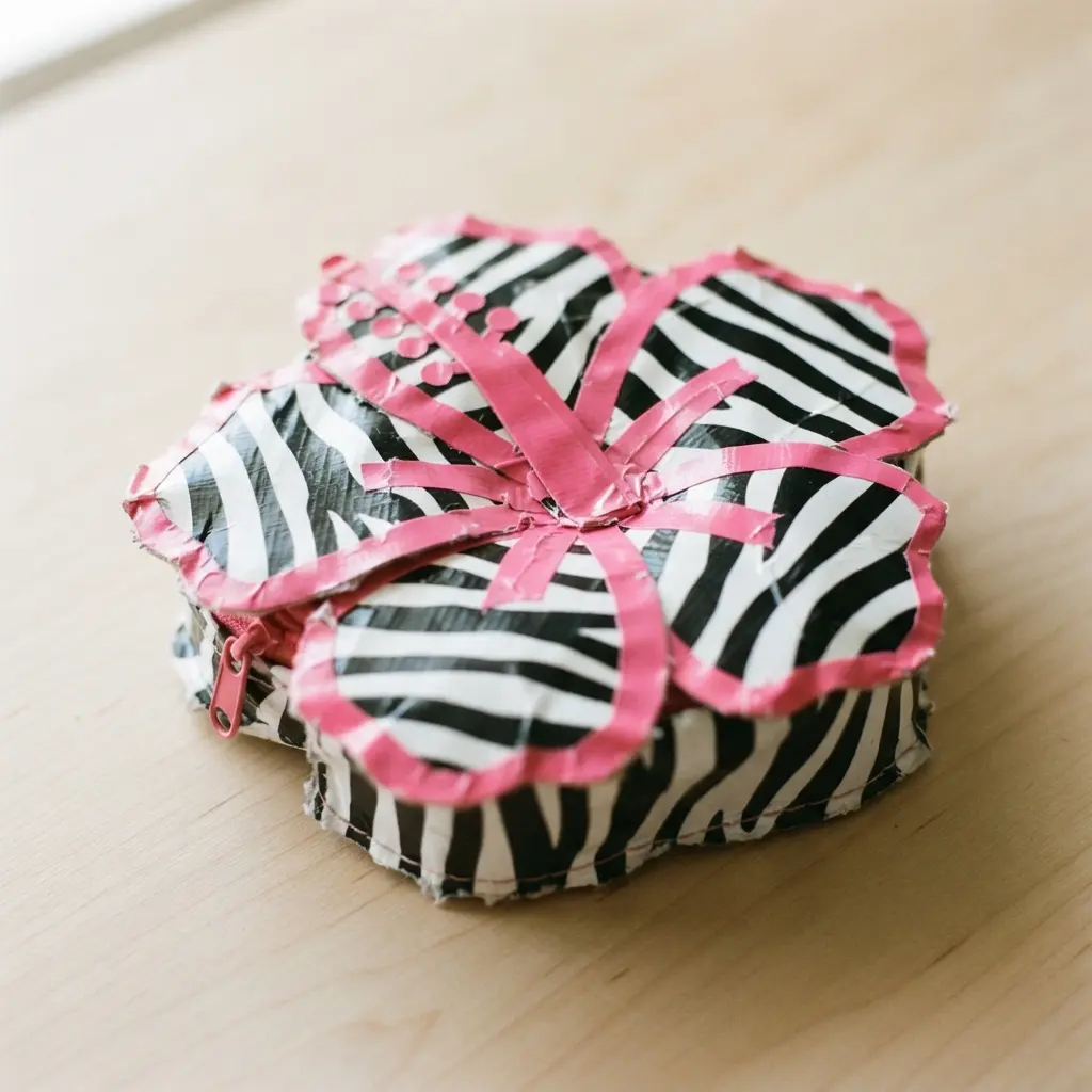 An accessory pouch shaped like a tropical hibiscus flower, made from bold zebra print duct tape.