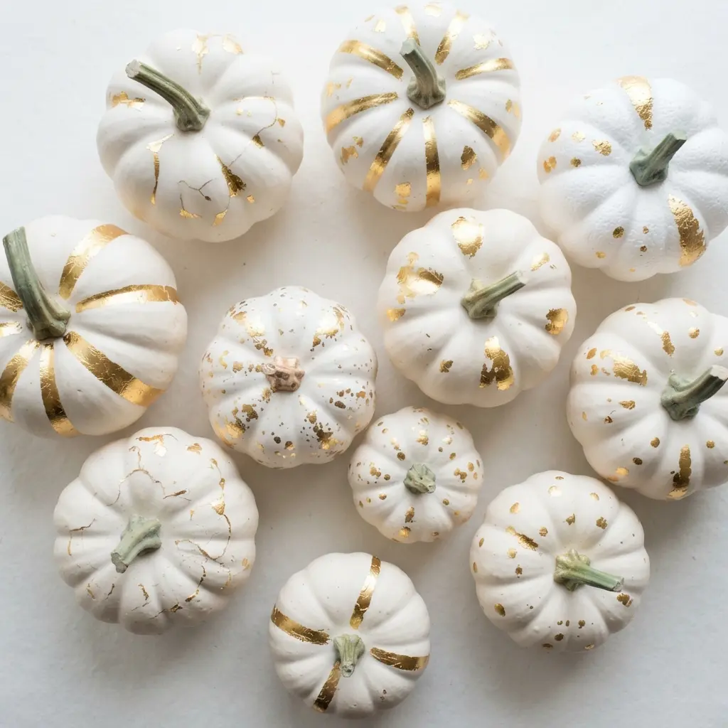A group of white ceramic pumpkins and faux gourds with intricate veins and stems highlighted in gold leaf.
