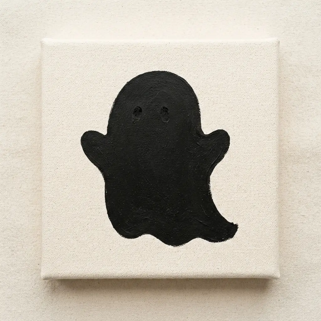 A single, minimalist ghost silhouette painted in matte black on a framed cream-colored canvas.