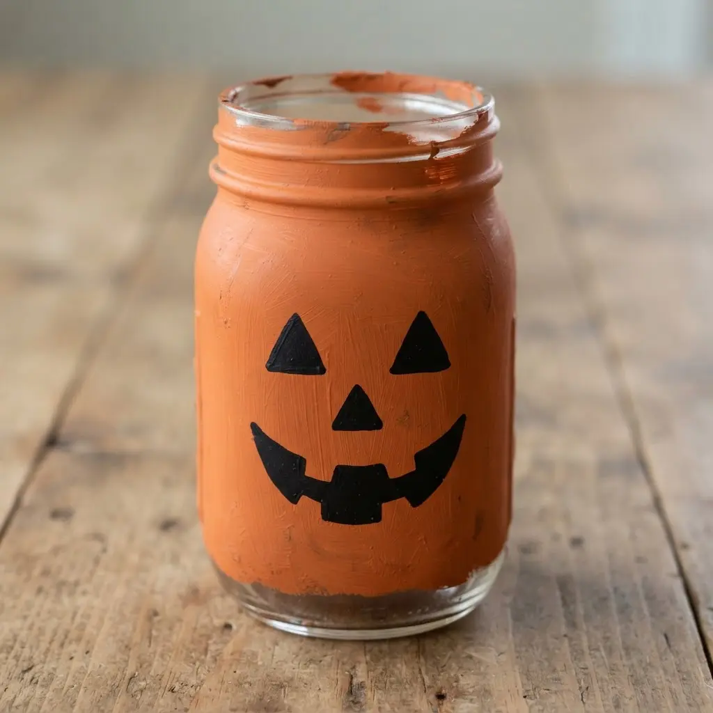 Three glass jars painted in a matte burnt orange, with simple triangle eyes and jagged smiles painted in black.