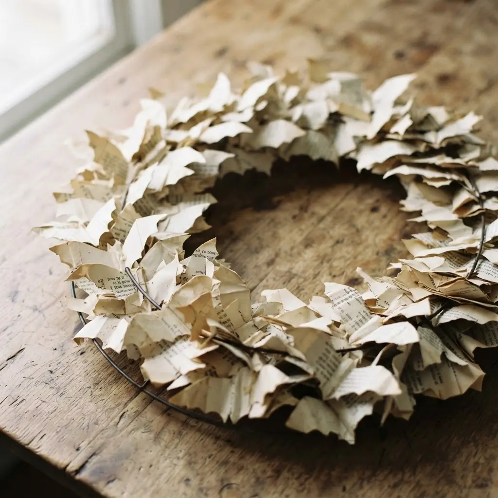 A circular wire wreath form covered with dozens of small bats cut from yellowed book pages.