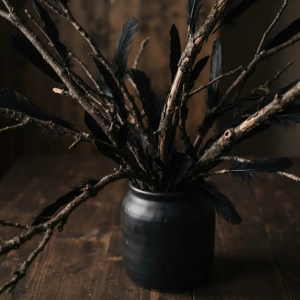 A collection of twisted, dark dried branches arranged in a tall black vase, accented with black feathers.