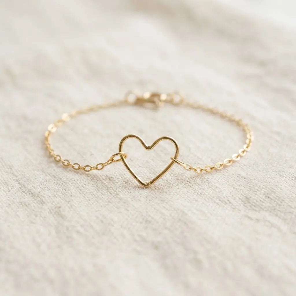 A simple, elegant gold wire heart bracelet on a wrist against a neutral background.
