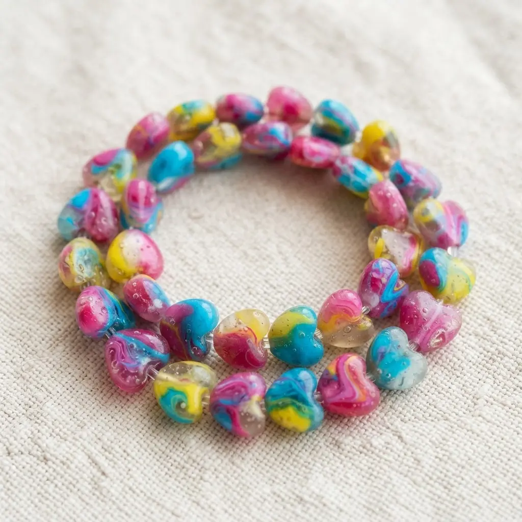 A bracelet displaying several small, colorful resin heart charms in a mix of hues.