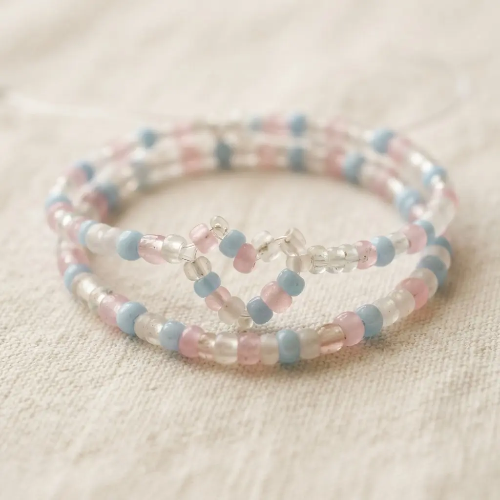 A bracelet featuring a heart charm made from pale pink and blue glass beads.
