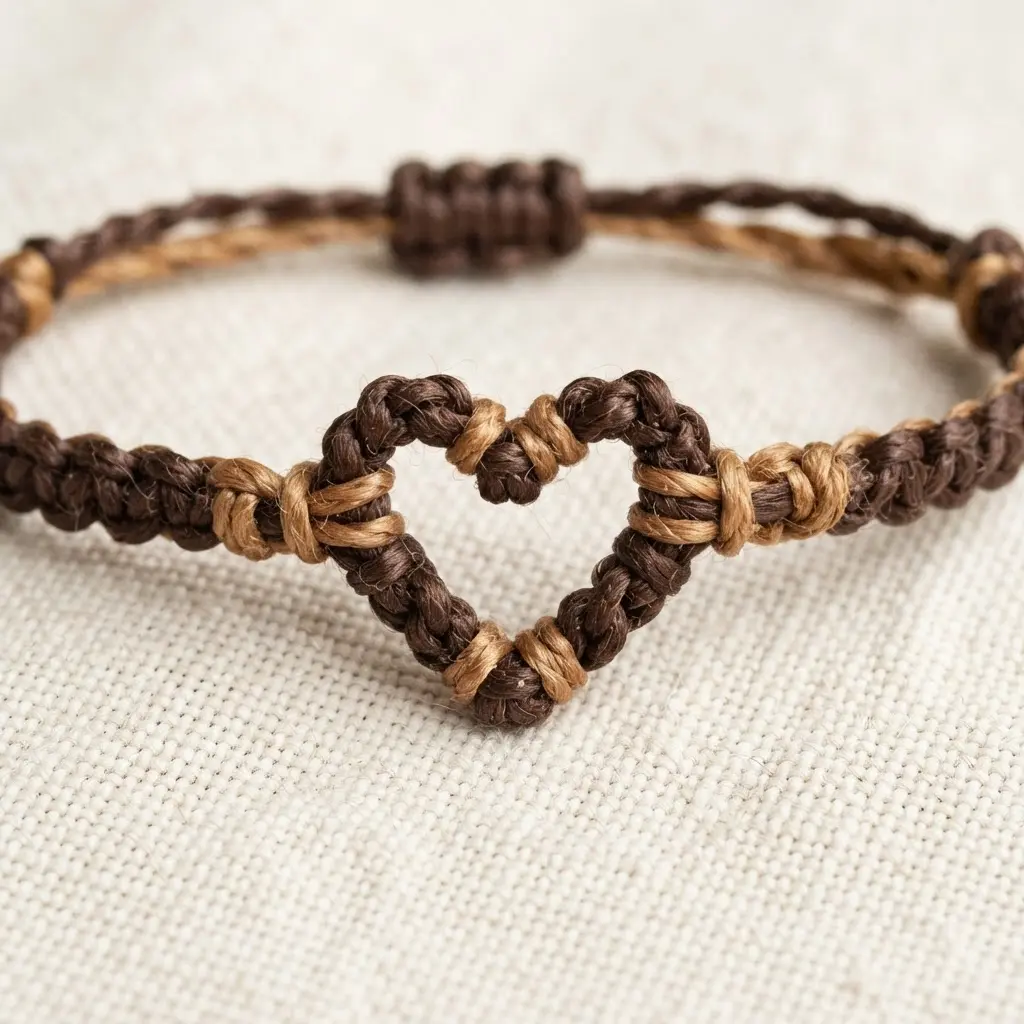 A brown waxed cord bracelet with a central knotted heart design.