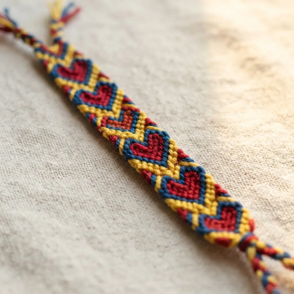 A braided embroidery floss bracelet in multiple colors showcasing a woven heart.