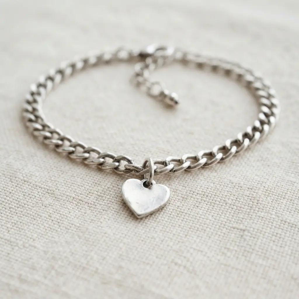 A simple silver chain bracelet with a small, polished sterling silver heart charm.