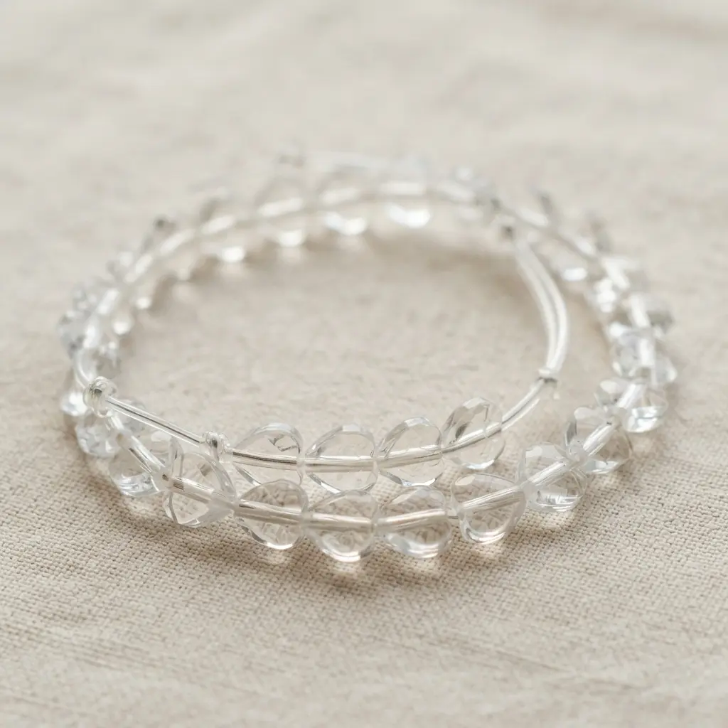 A clear elastic bracelet strung with several see-through acrylic heart beads.