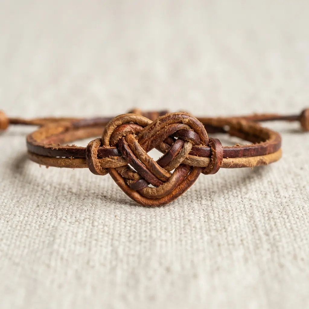 A tan leather bracelet where the cord is tied into a distinct heart-shaped knot.