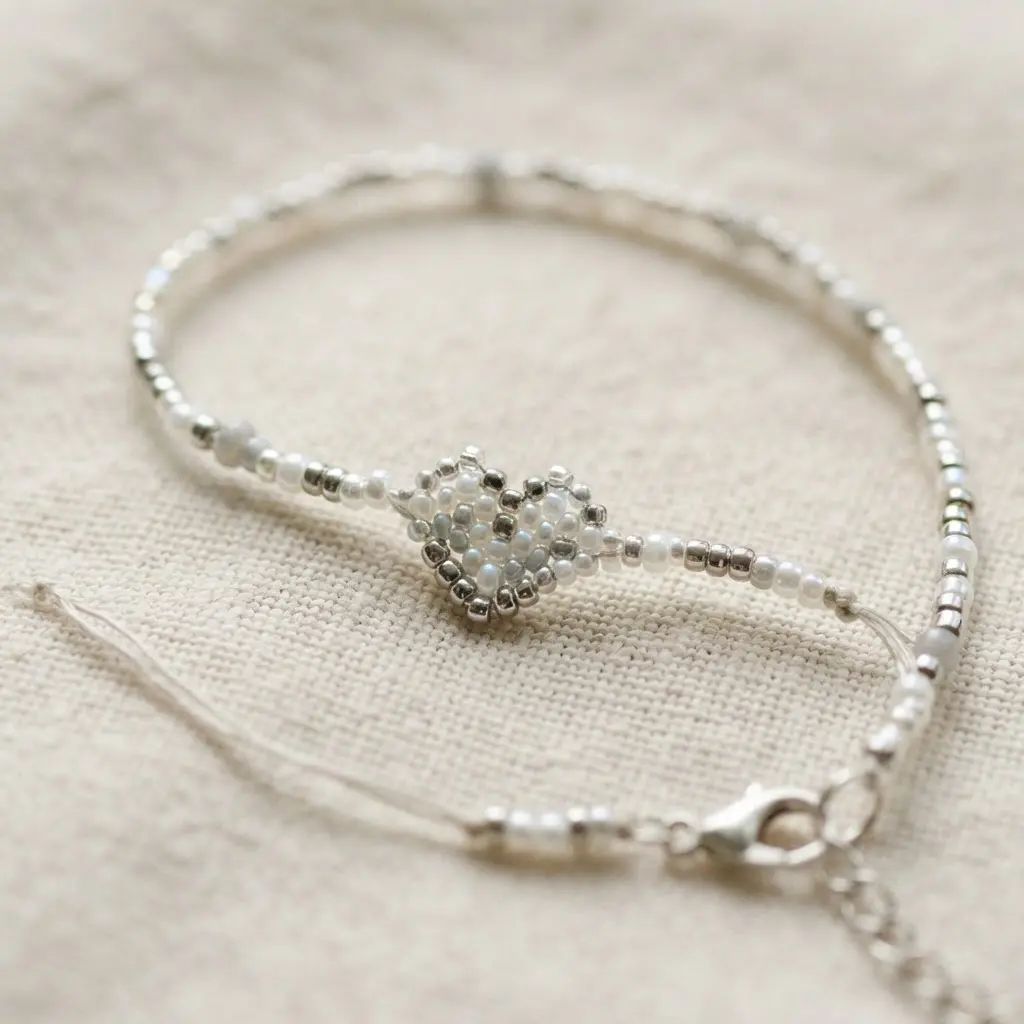 A fine beaded bracelet with a small, detailed heart pattern created using silver seed beads.