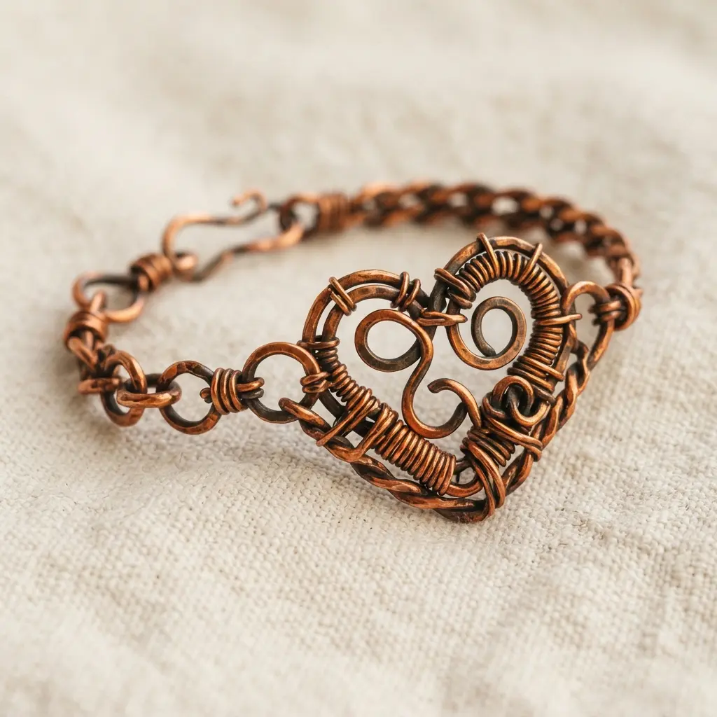A bracelet with a textured, wire-wrapped heart pendant made from copper wire.