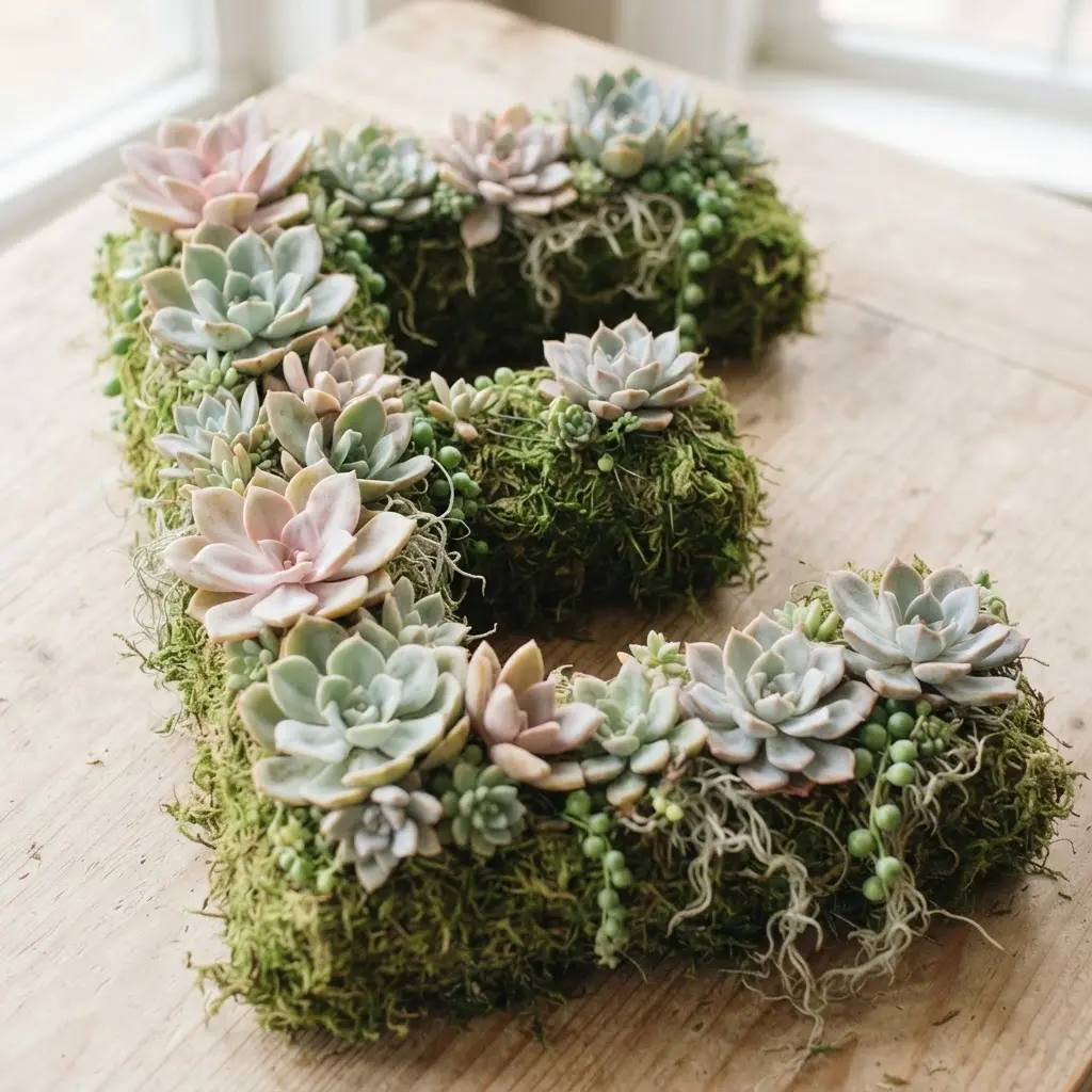 A pale pink and blue Echeveria succulent wreath arranged on a moss-covered capital letter base.