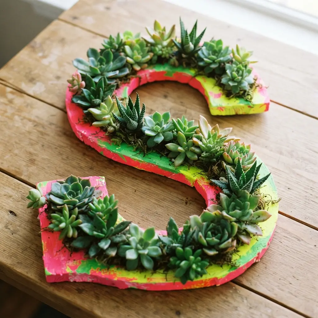 A vibrant letter wreath with green succulents arranged on a neon-painted wooden letter base.