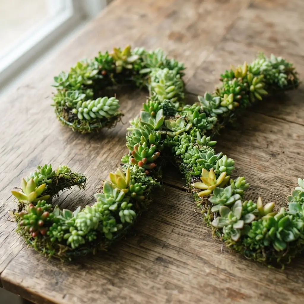 A dense wreath of various green Sedum succulents covering a delicate, cursive script letter base.