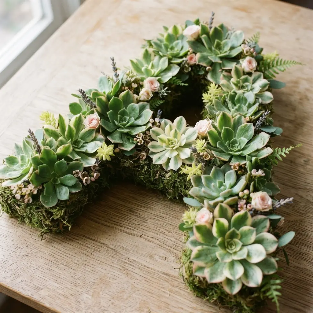 A bold letter wreath with green and cream variegated Aeonium rosettes and a few small floral accents.