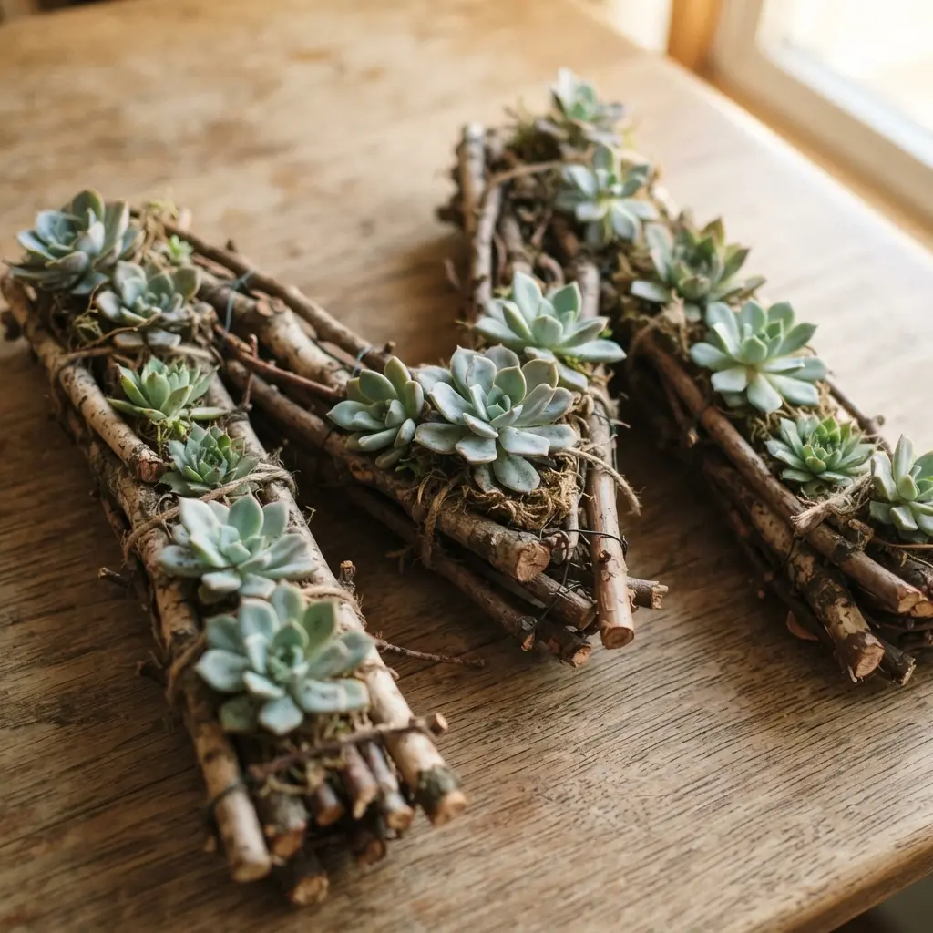 A rustic letter wreath constructed from twisted twigs, with small succulent cuttings nestled into the frame.