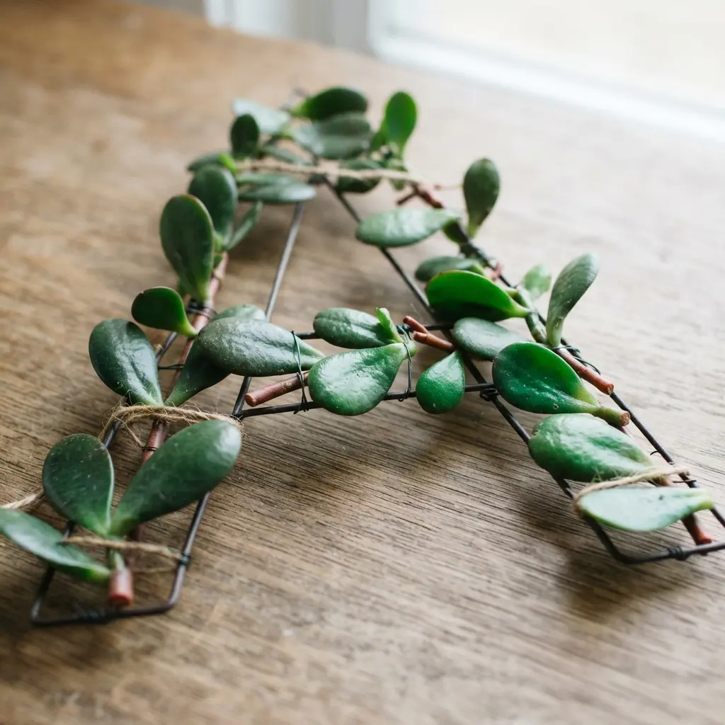 A simple outline of a letter formed by spaced-out Jade plant leaves on a bare wire frame.