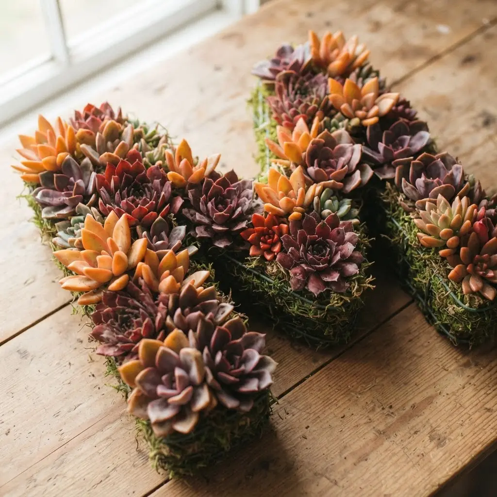 A dense, colorful letter wreath featuring a mix of orange, red, and purple succulent rosettes.