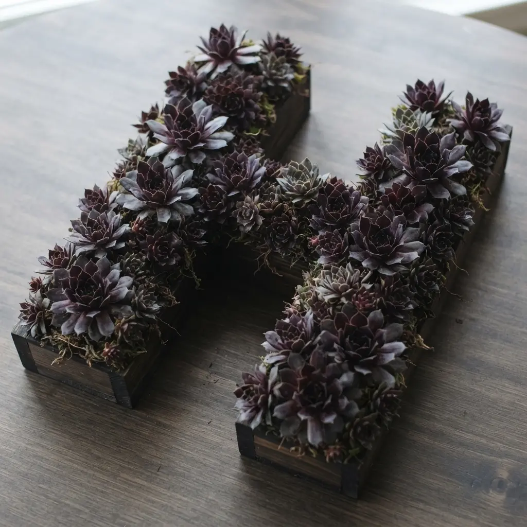 A striking letter wreath covered in dark purple Sempervivum hens and chicks on a wooden base.