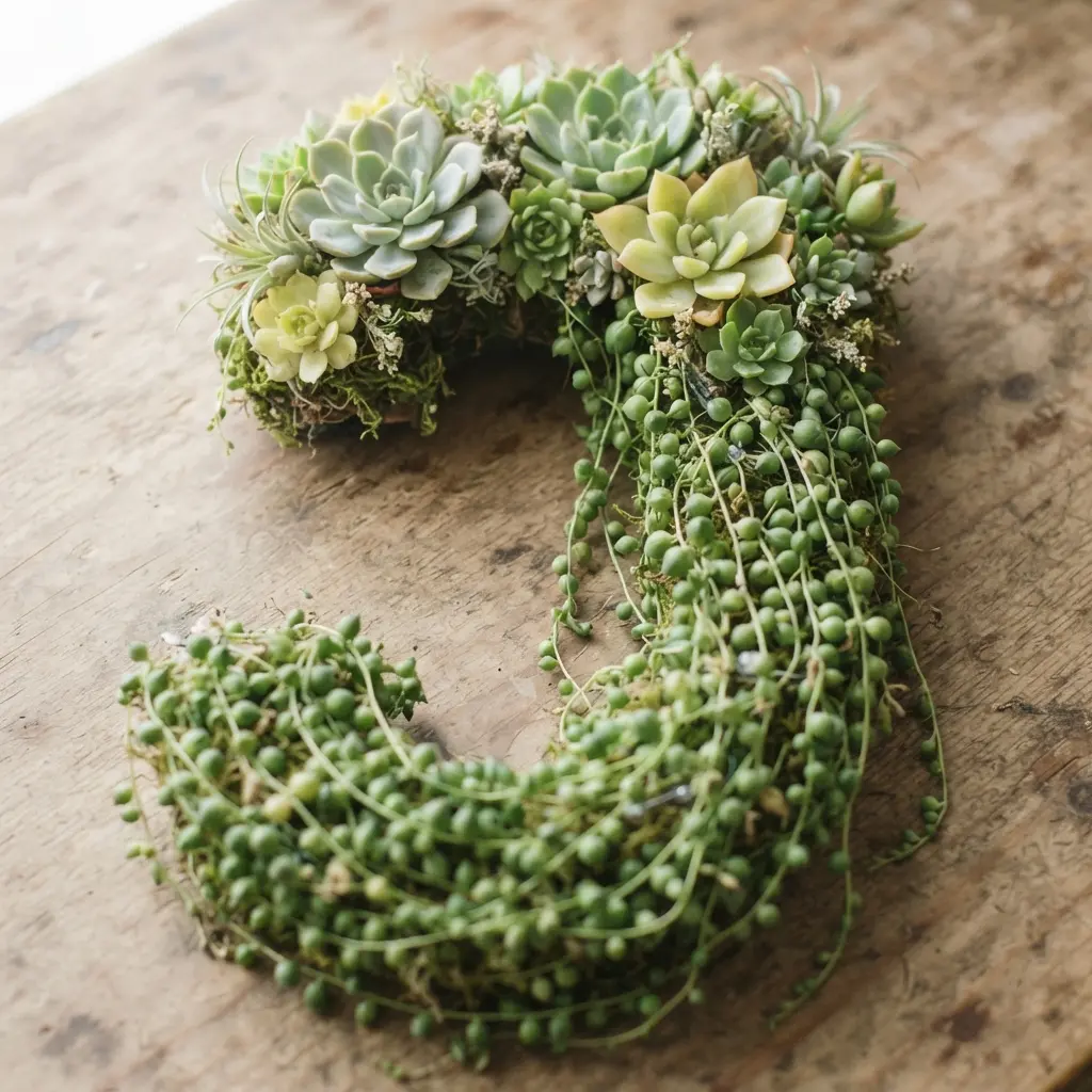 A vertical letter wreath with String of Pearls vines cascading down from a cluster of rosette succulents at the top.