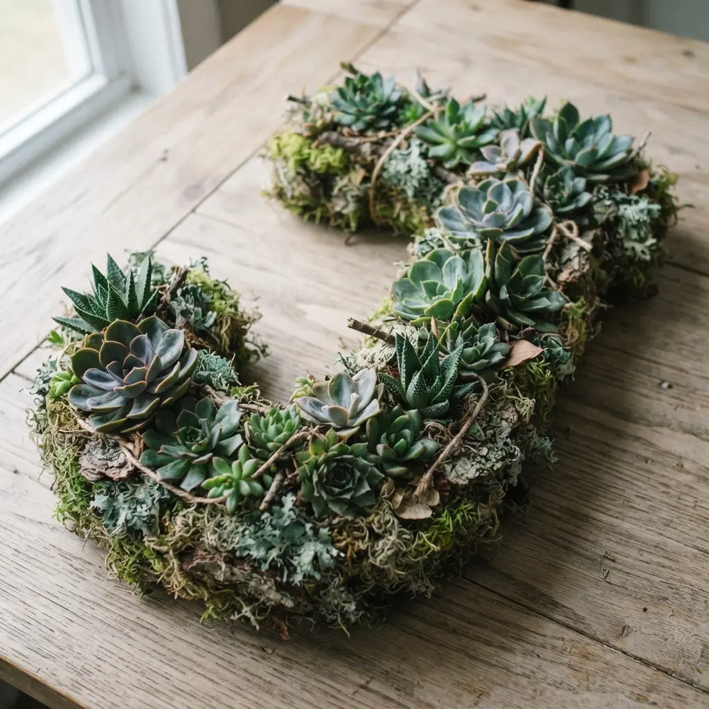A rustic letter wreath with a base of moss and lichen, accented with different textured succulent varieties.