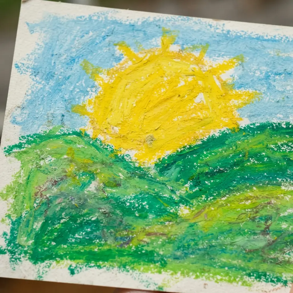 A child's drawing of a bright sun over simple, curvy green hills, an easy landscape idea.