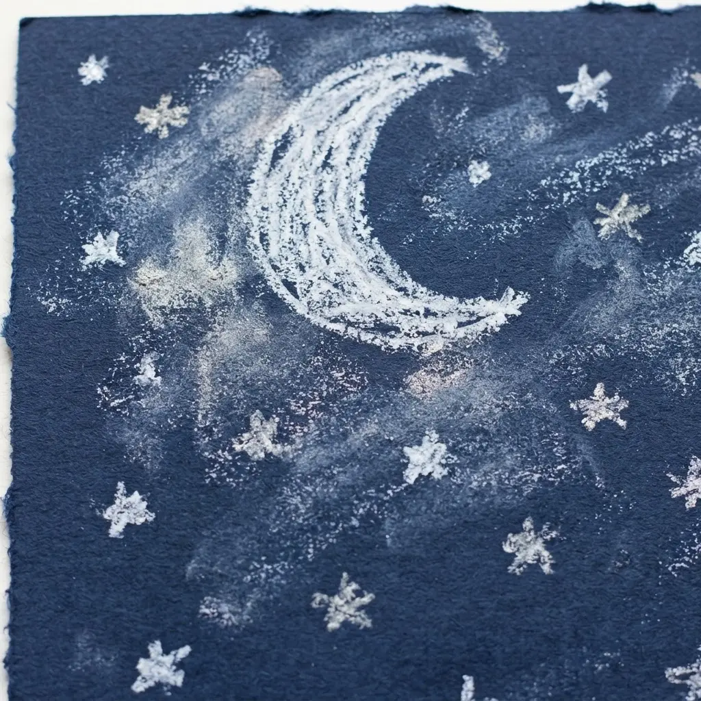 A simple night sky on dark paper featuring a crescent moon and small white stars.