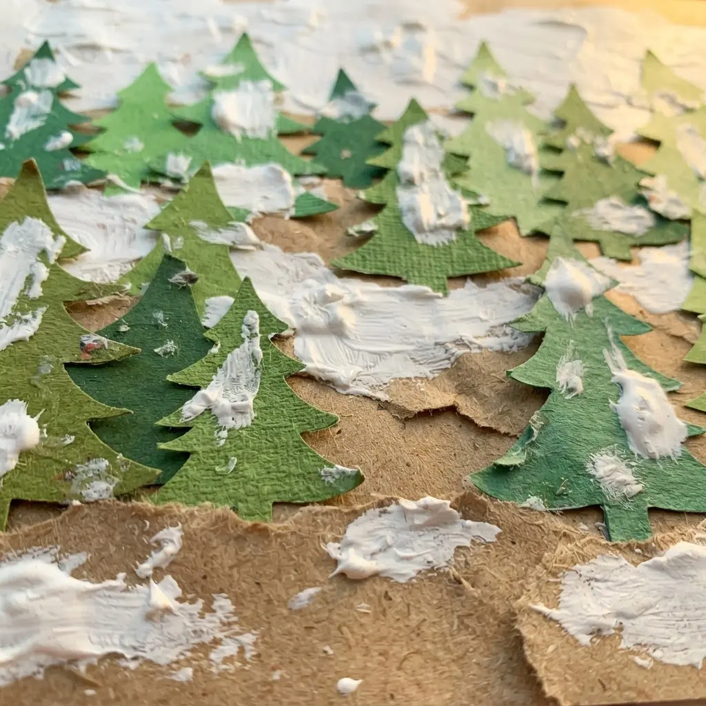 A winter forest made from layered green paper triangles with dabs of white paint for snow.