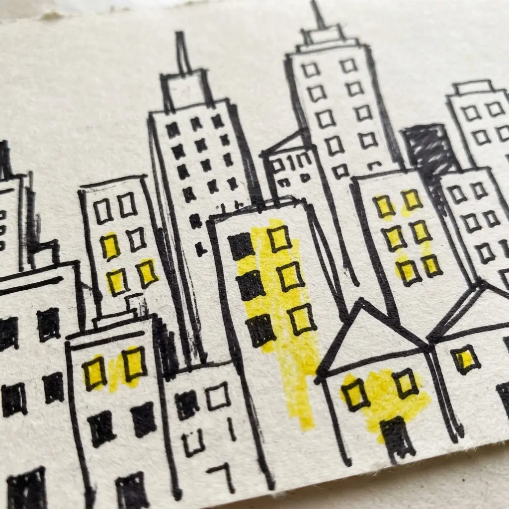 An urban skyline created from stacked rectangles with little square windows.
