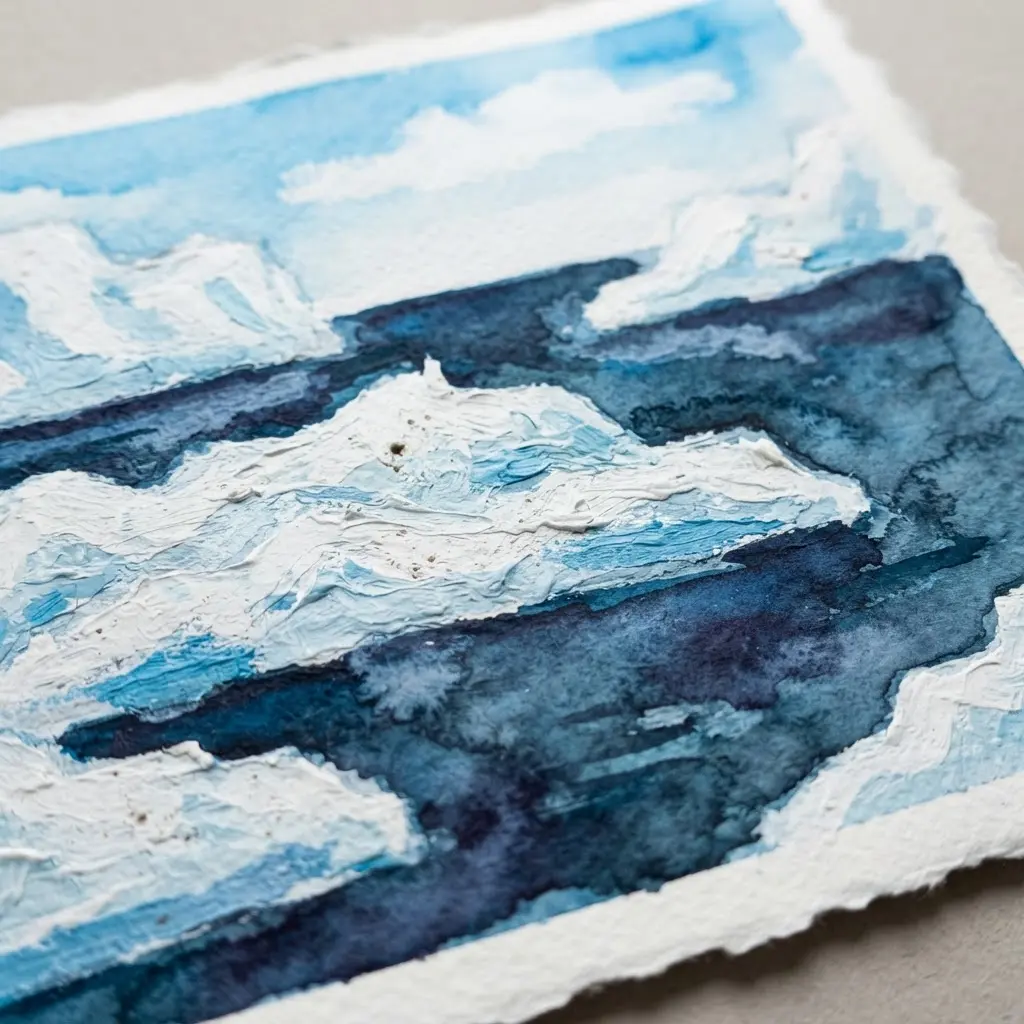 An arctic seascape with big, jagged white icebergs floating in deep blue water.