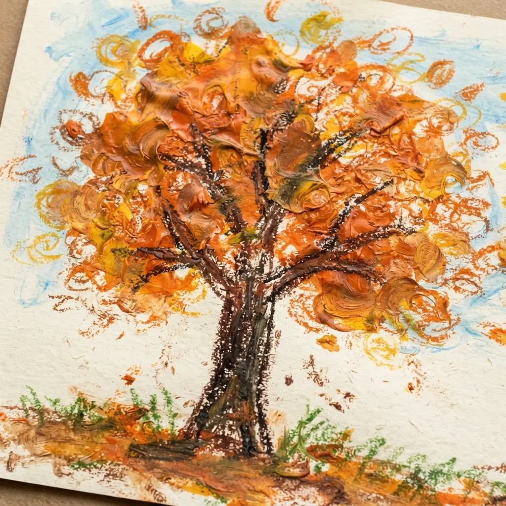 A fall tree with a simple brown trunk and a crown of warm, blended yellow and orange leaf shapes.