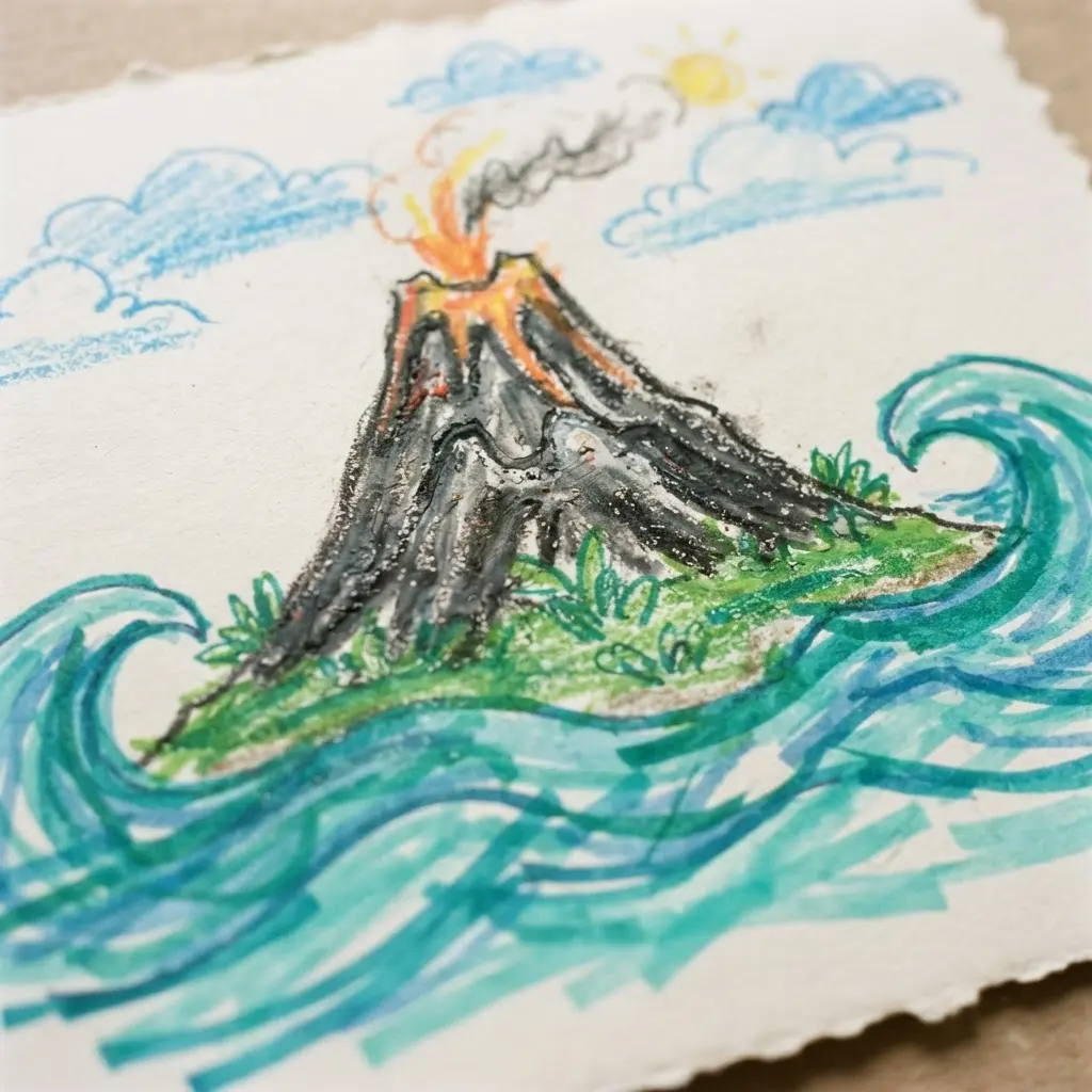 A tropical island scene featuring a cone-shaped volcano and curvy ocean waves.