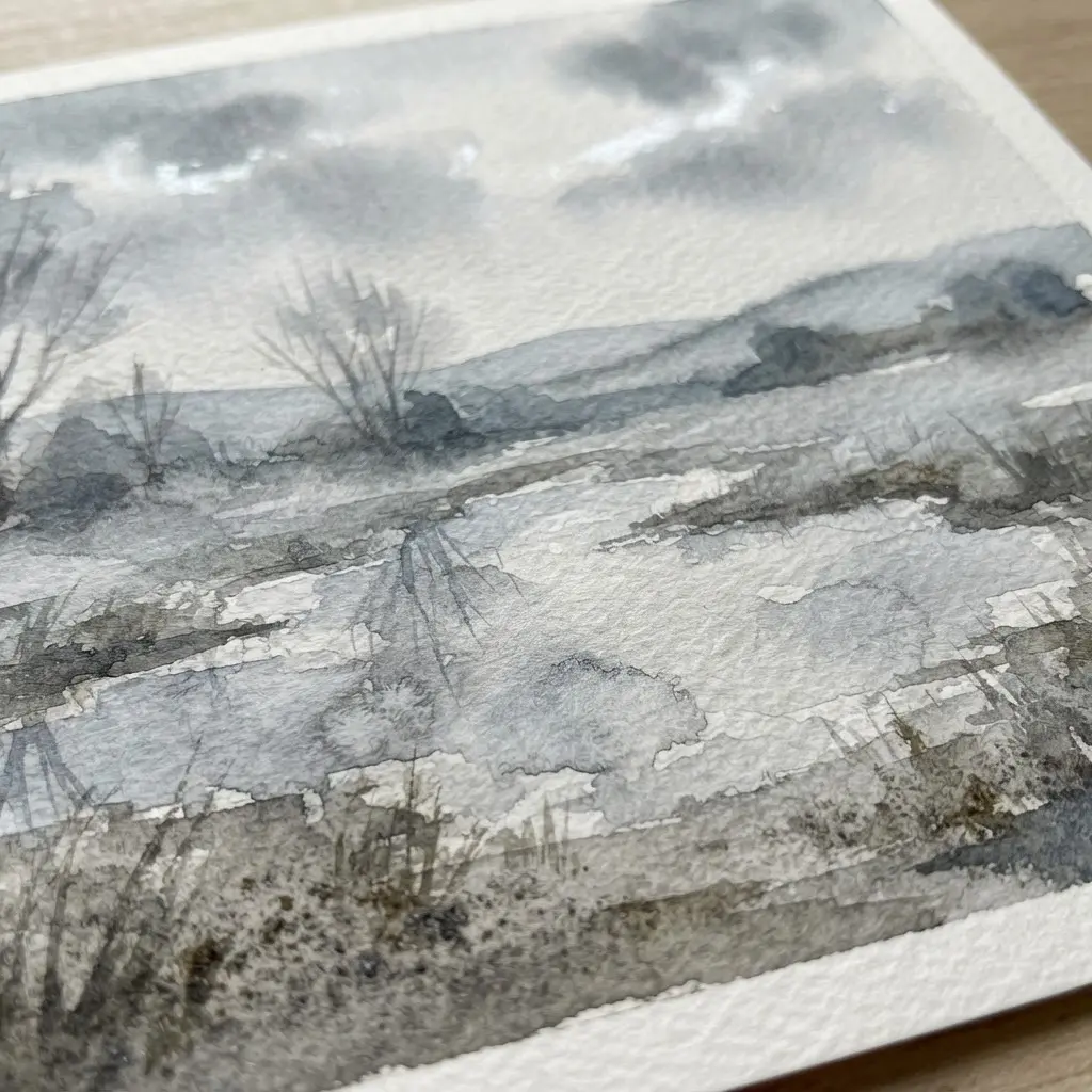 A rainy landscape with gray washes for sky, diagonal lines for rain, and a shiny puddle.
