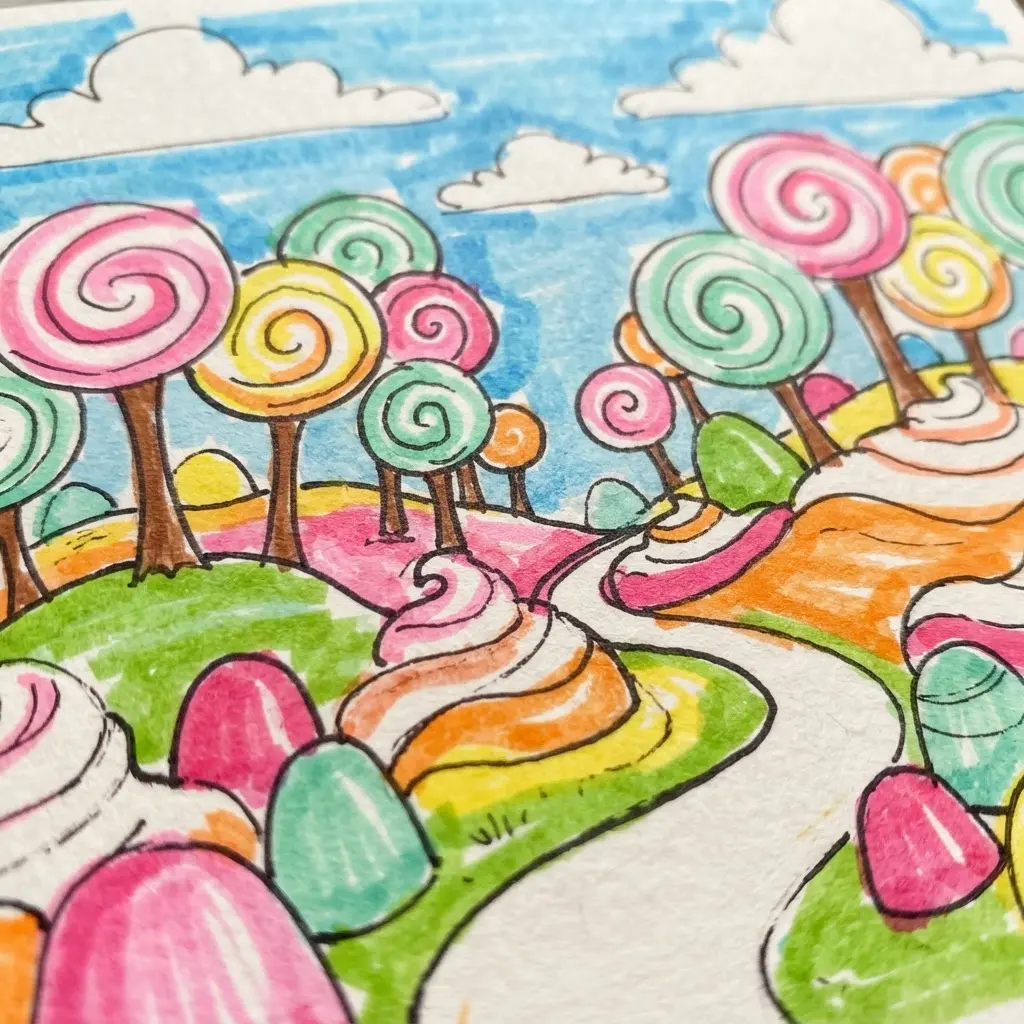 A playful candy-themed landscape with swirl lollipop trees and round gumdrop mounds.