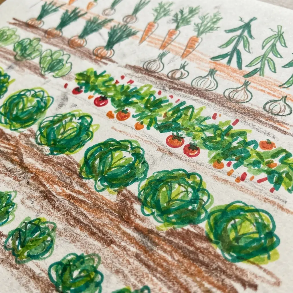 A neat garden landscape with parallel lines of soil and simple shapes for carrots, tomatoes, and lettuce.