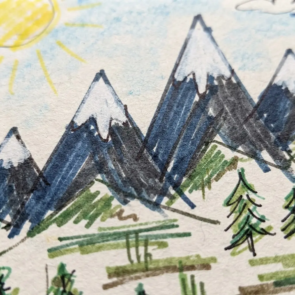 Simple triangular mountains with white snowy peaks against a blue sky.