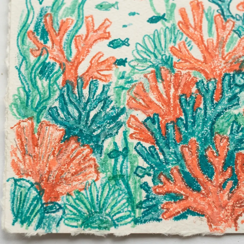 An underwater seascape filled with curvy, brightly colored coral formations and simple fish shapes.