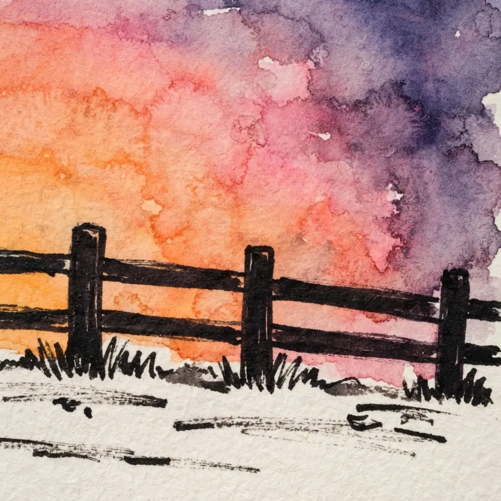 A sunset farm scene with a simple fence silhouette in front of a gradient sky, an easy landscape drawing.