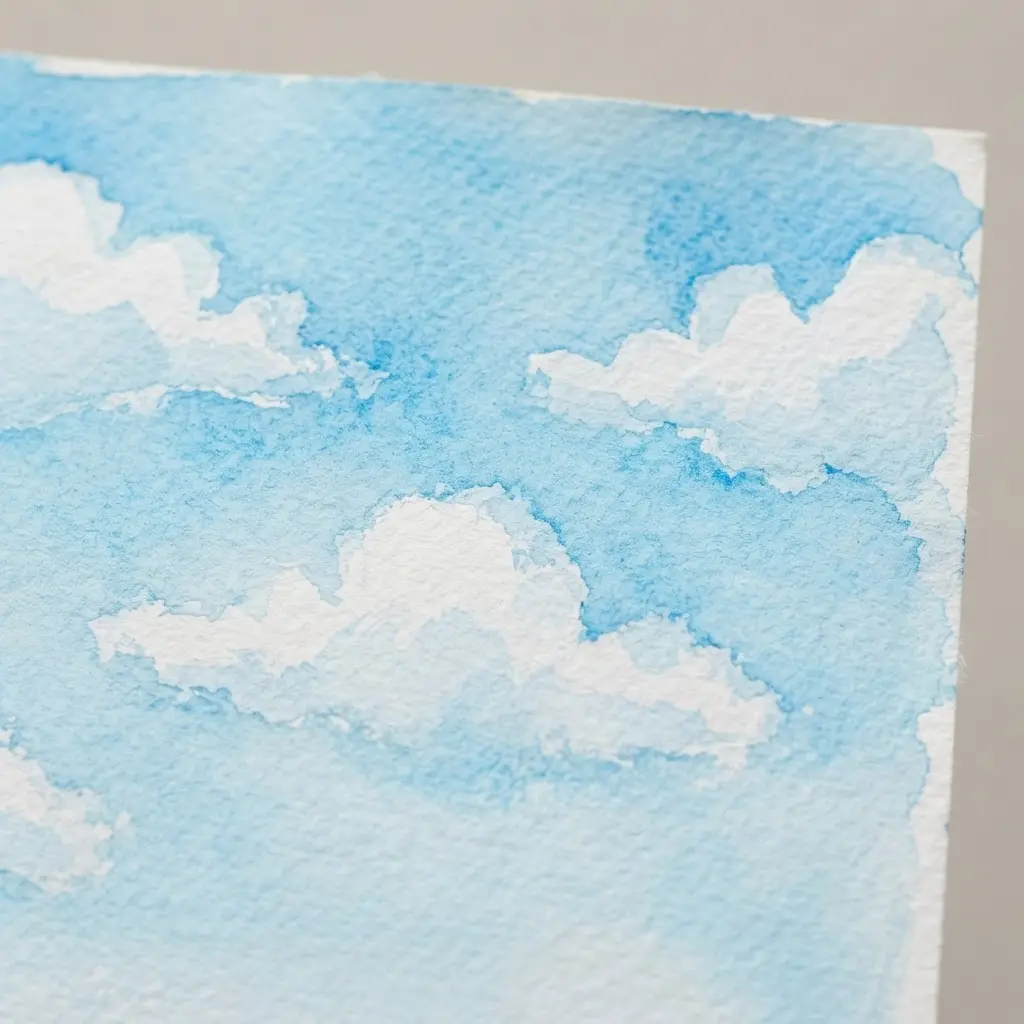 A cheerful sky filled with round, puffy clouds painted with soft watercolor washes.