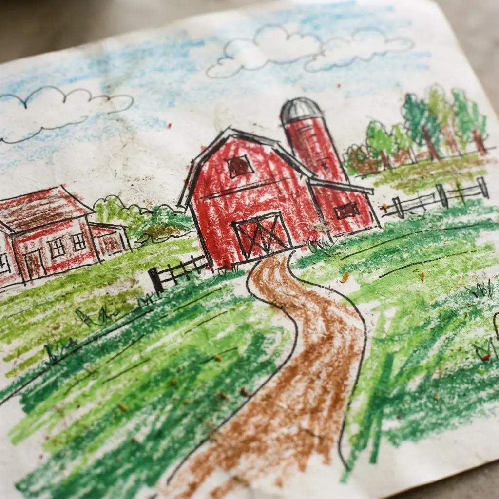 A classic farm landscape with a bold red barn and rows of green fields, a simple drawing for kids.
