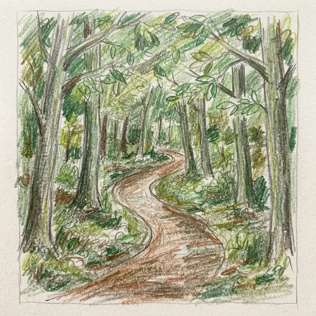 A forest scene where a winding path leads between simple, triangular pine trees.