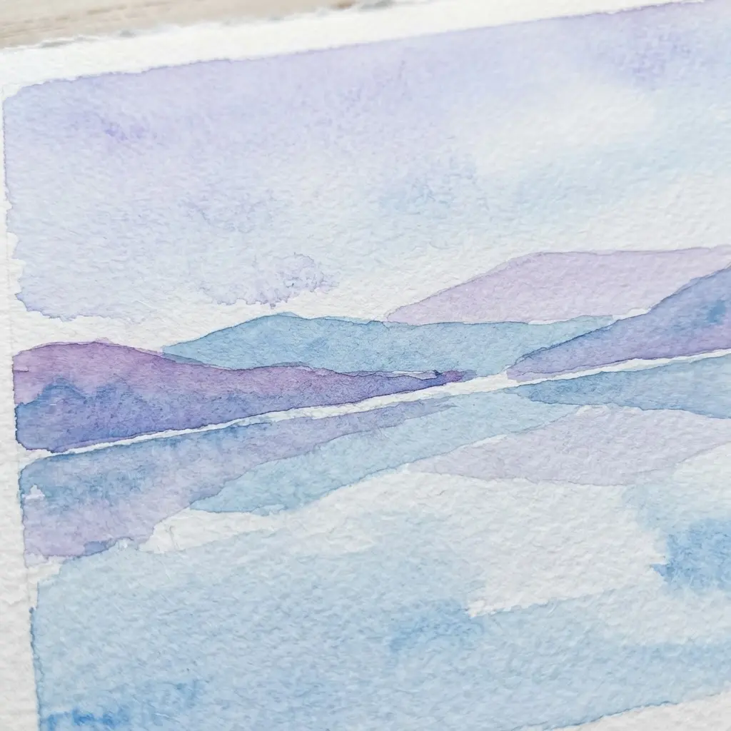 A peaceful lake scene showing hills reflected in the still water below.