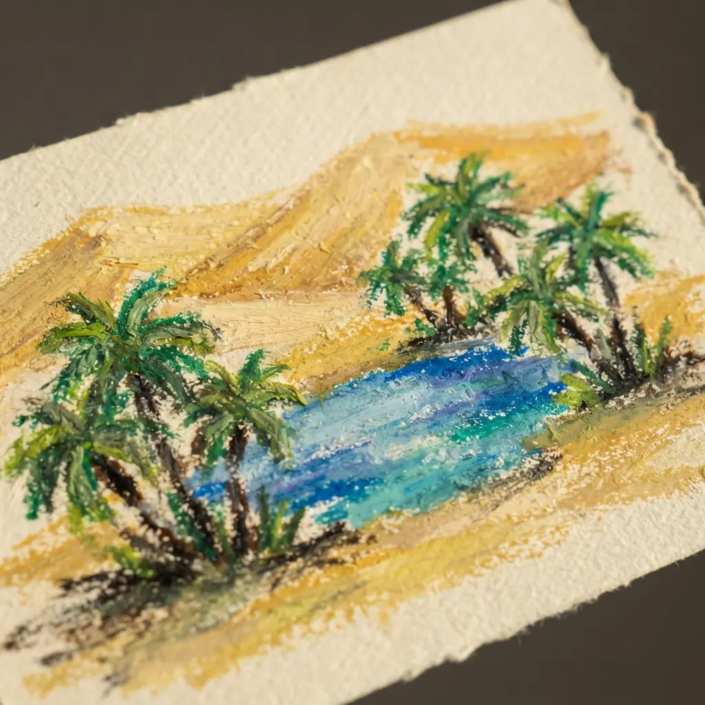 A desert oasis landscape with curvy dunes, a blue water spot, and spiky palm trees.