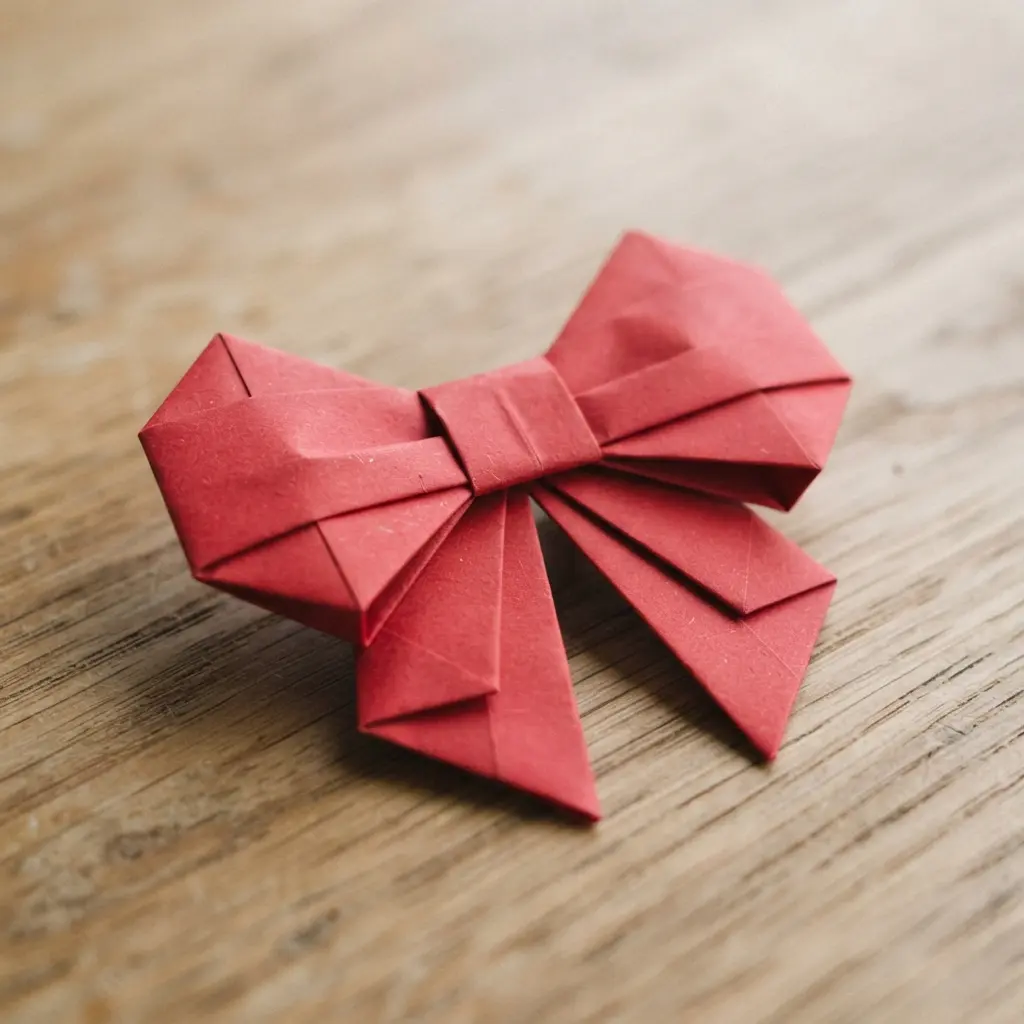 A minimalist origami bow in solid red paper with sharp, geometric folds and clean edges.