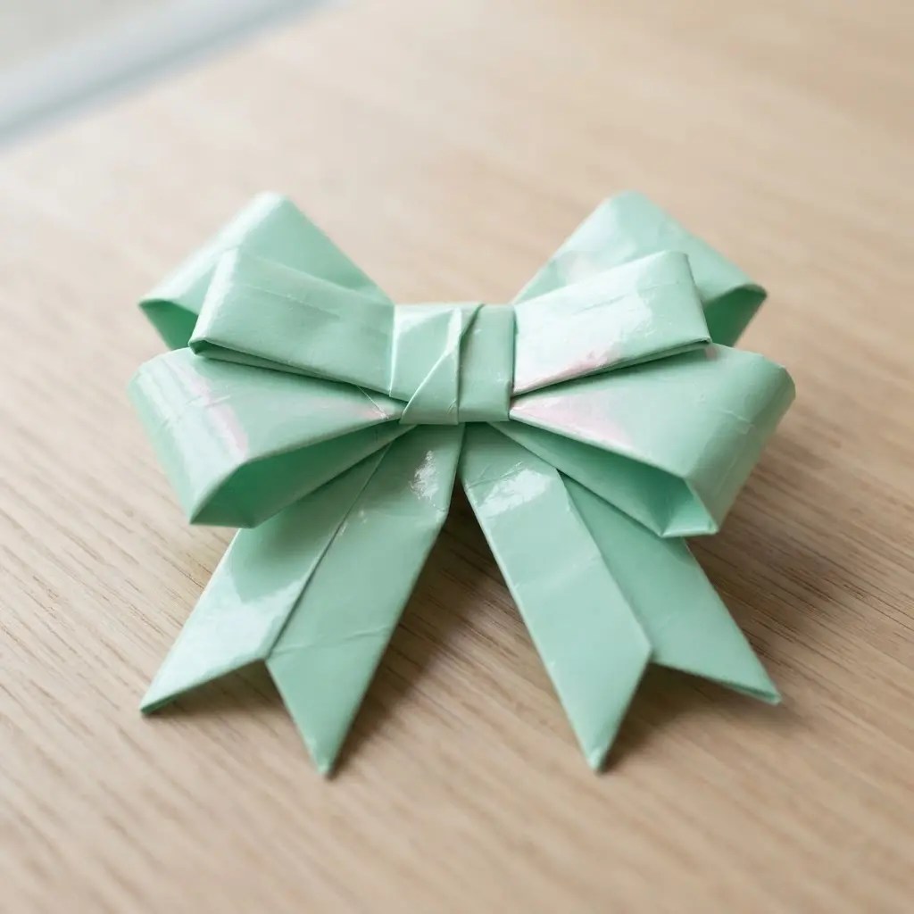 A mint green origami bow with a glossy sheen, centrally placed on a light pink gift box.