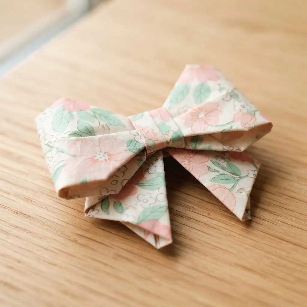 A small origami bow made from thin, floral-patterned washi paper, ideal for lightweight gift toppers.